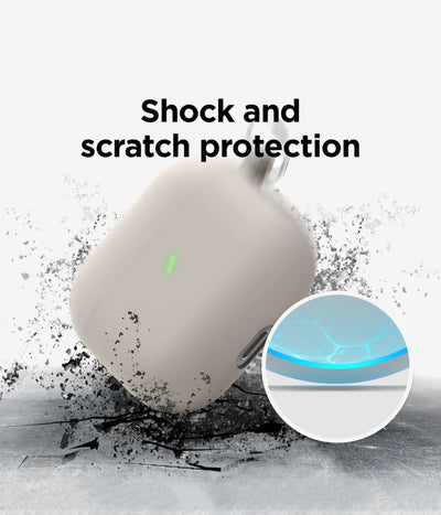 Airpods liquid silicone case with shock and scratch protection feature, showing impact resistance.