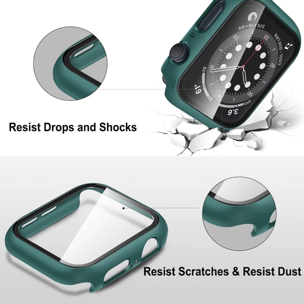 Green Apple watch case with features highlighting resistance to drops, shocks, scratches, and dust