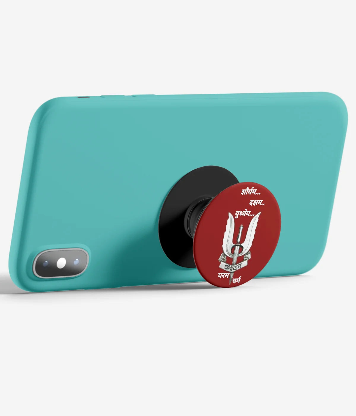 An image demonstrating how to use the phone grip as a stand to hold a mobile phone in landscape mode for hands-free viewing
