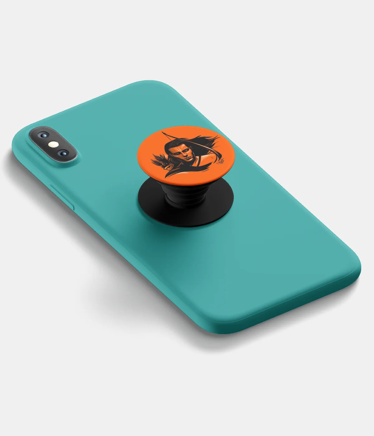 A top-down view of a phone grip holder attached to a mobile phone case on a white background