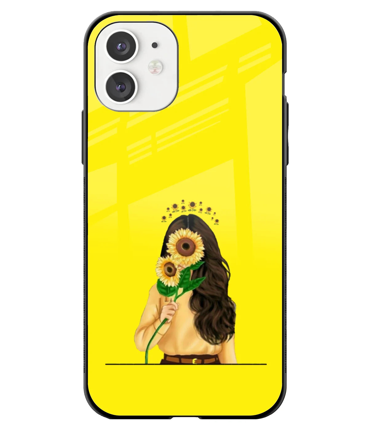 A front-on view of a glass phone case with a colorful design.
