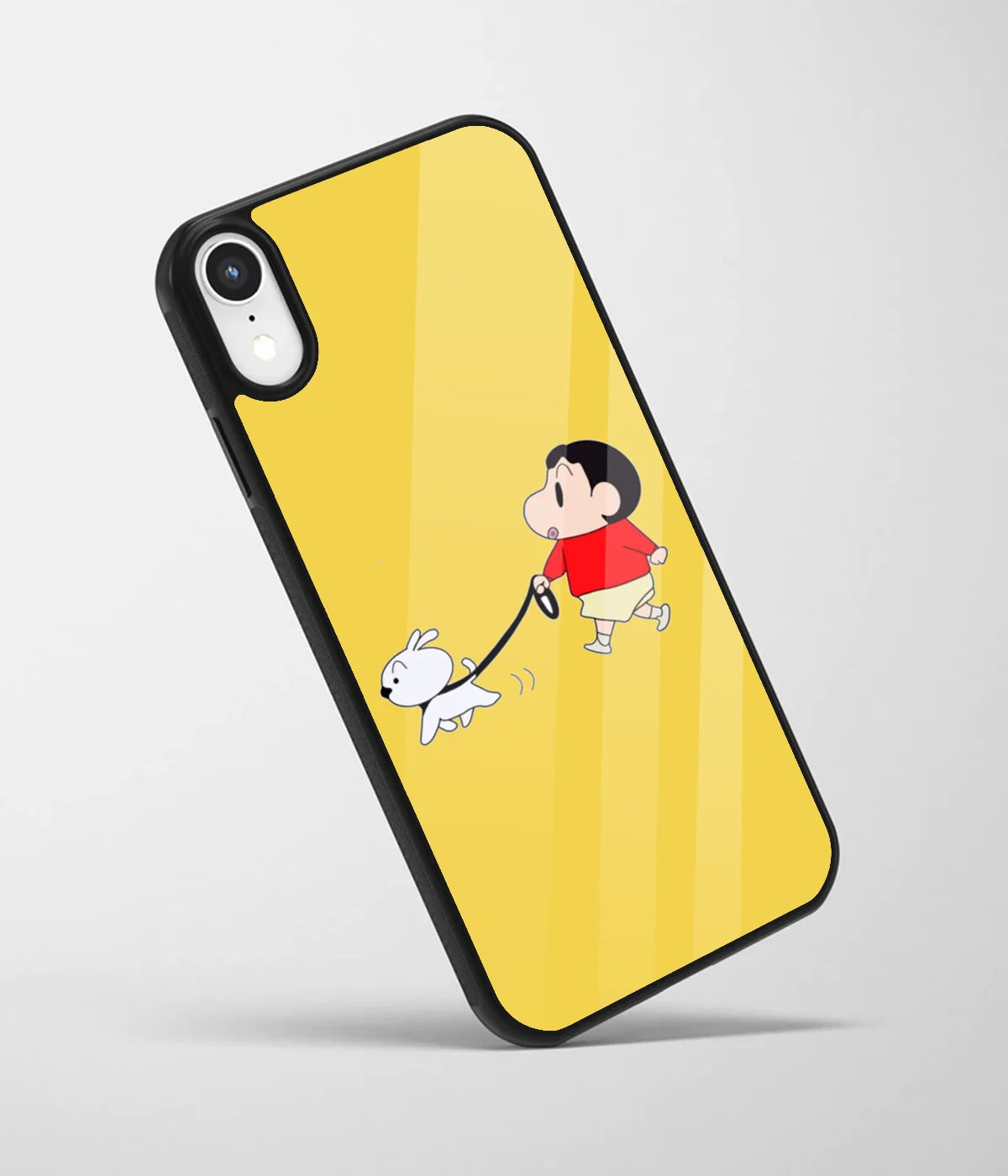 An angled view of a glass phone case featuring a vibrant design.