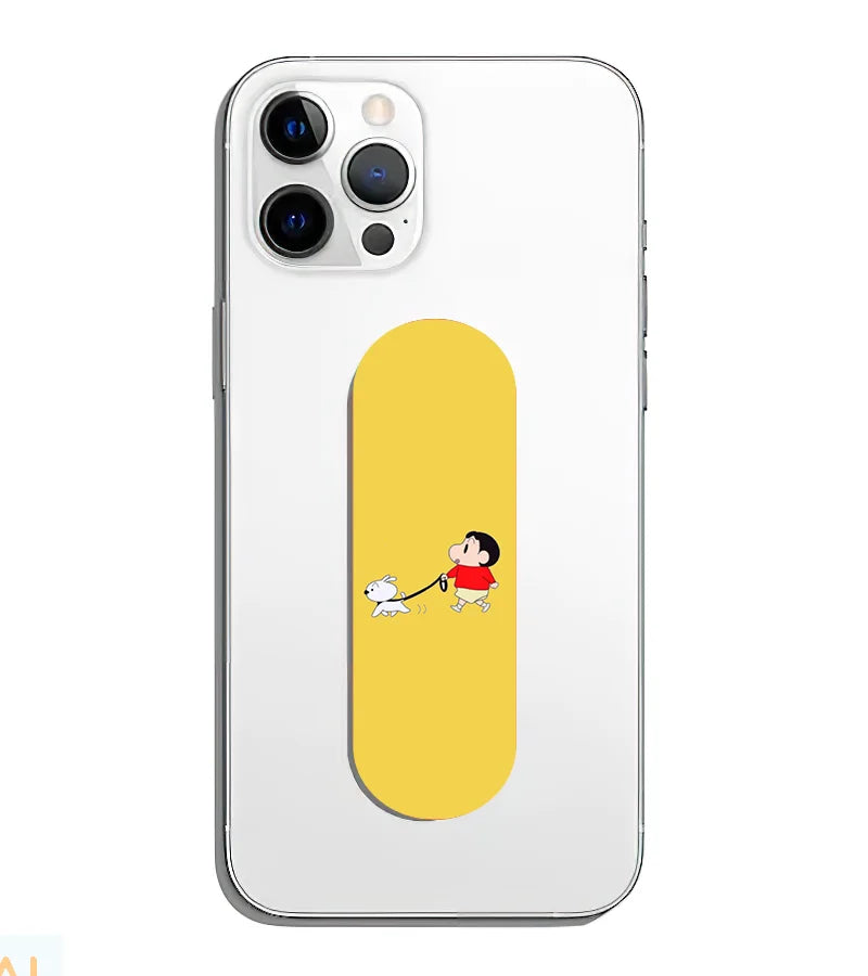 A phone grip slider applied to the back of a smartphone.