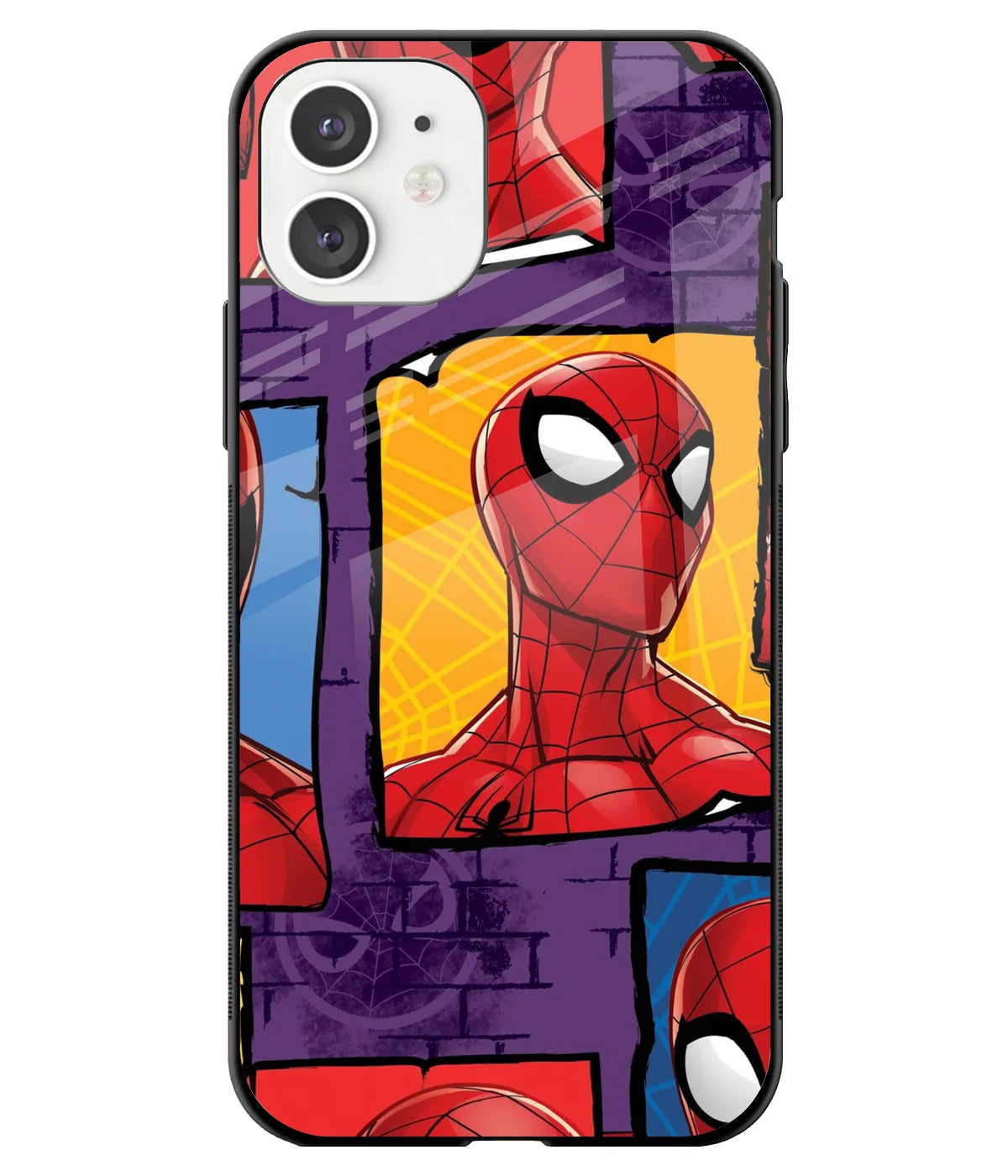 A front-on view of a glass phone case with a colorful design.