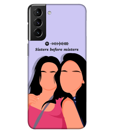 Custom digital illustration slim hard phone case showing two friends with a Spotify code and text on a lavender background.