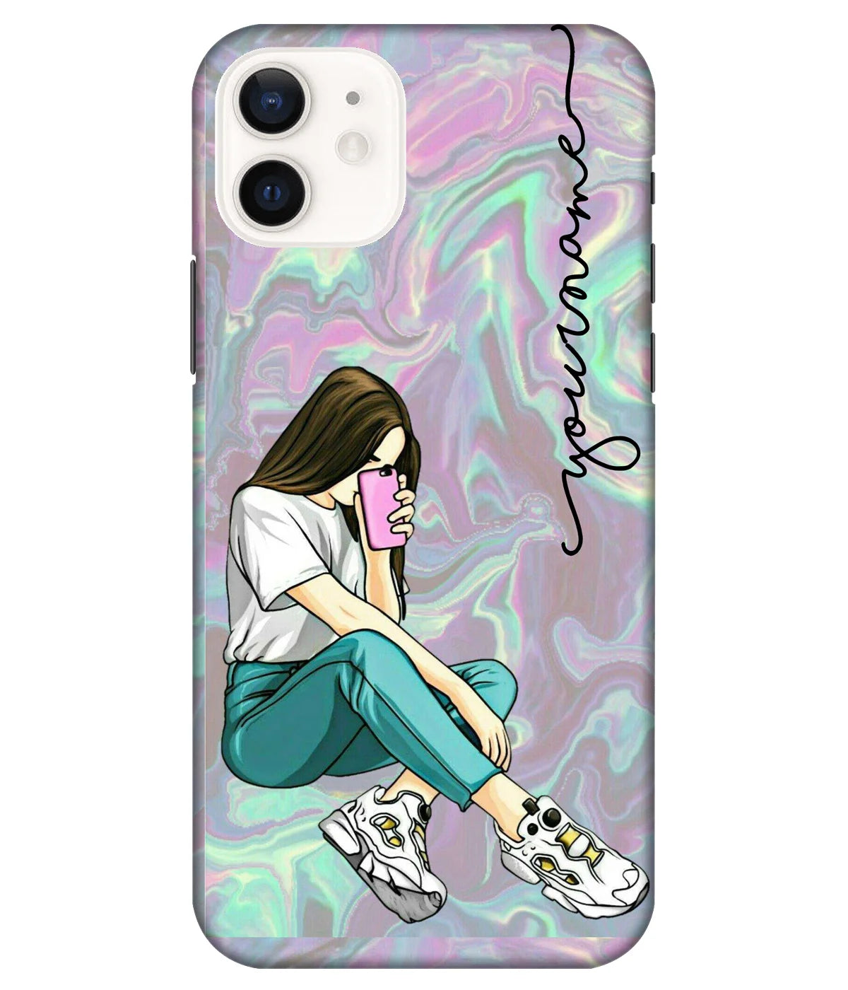 A product shot of a slim hard case with a customizable name.