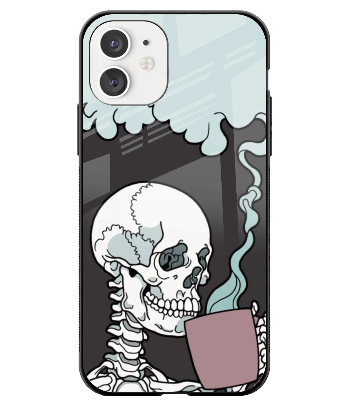 A front-on view of a glass phone case with a colorful design.