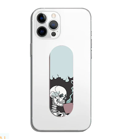 A phone grip slider applied to the back of a smartphone.