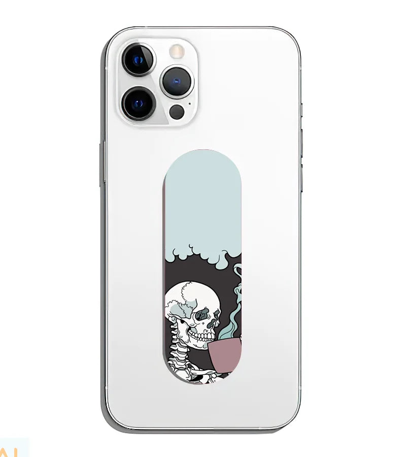 A phone grip slider applied to the back of a smartphone.