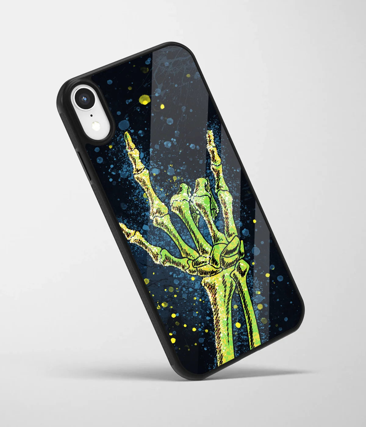 An angled view of a glass phone case featuring a vibrant design.