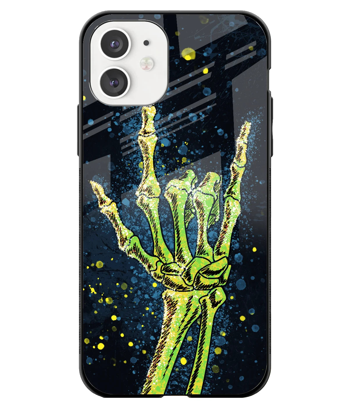 A front-on view of a glass phone case with a colorful design.