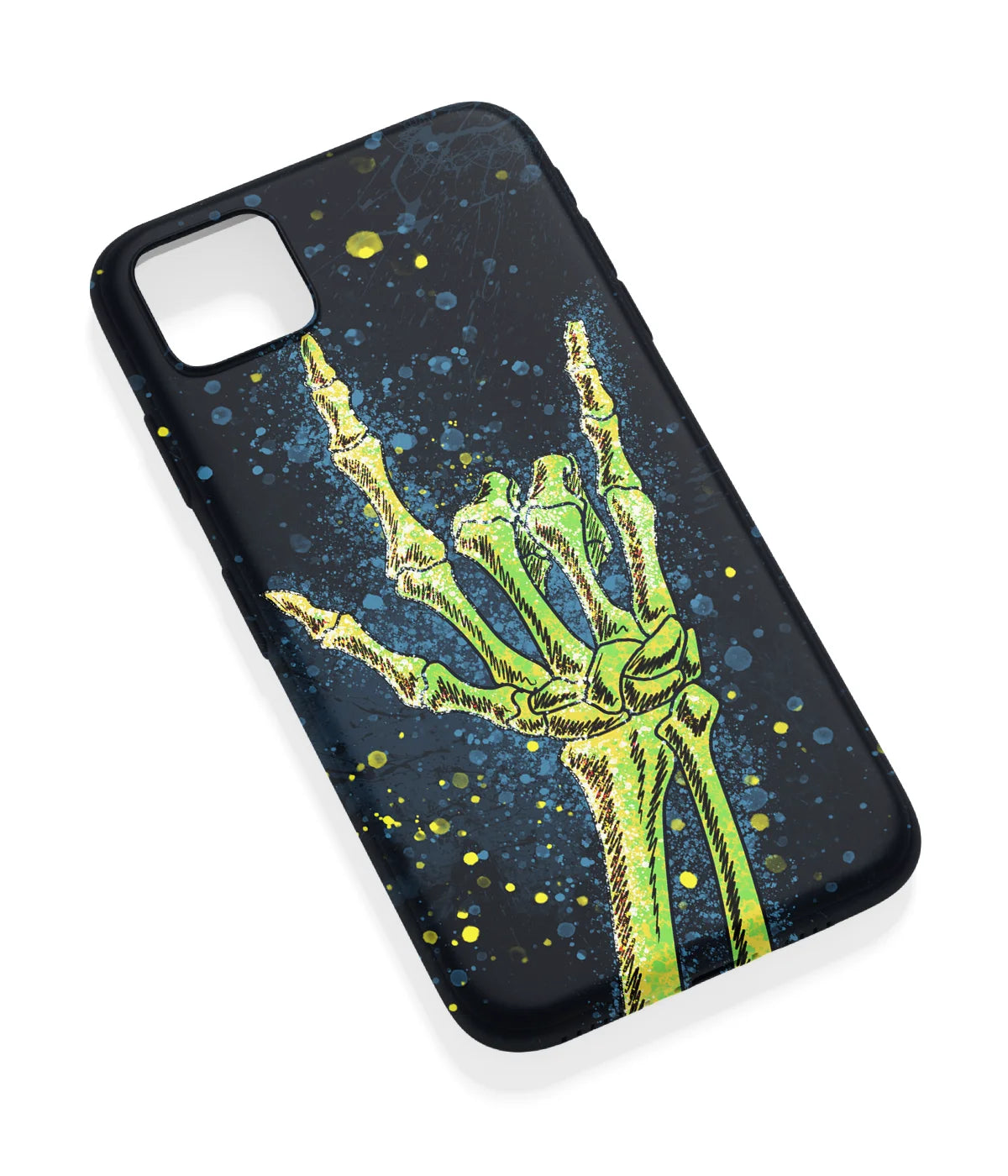 An angled view of a soft silicone case featuring a vibrant design.