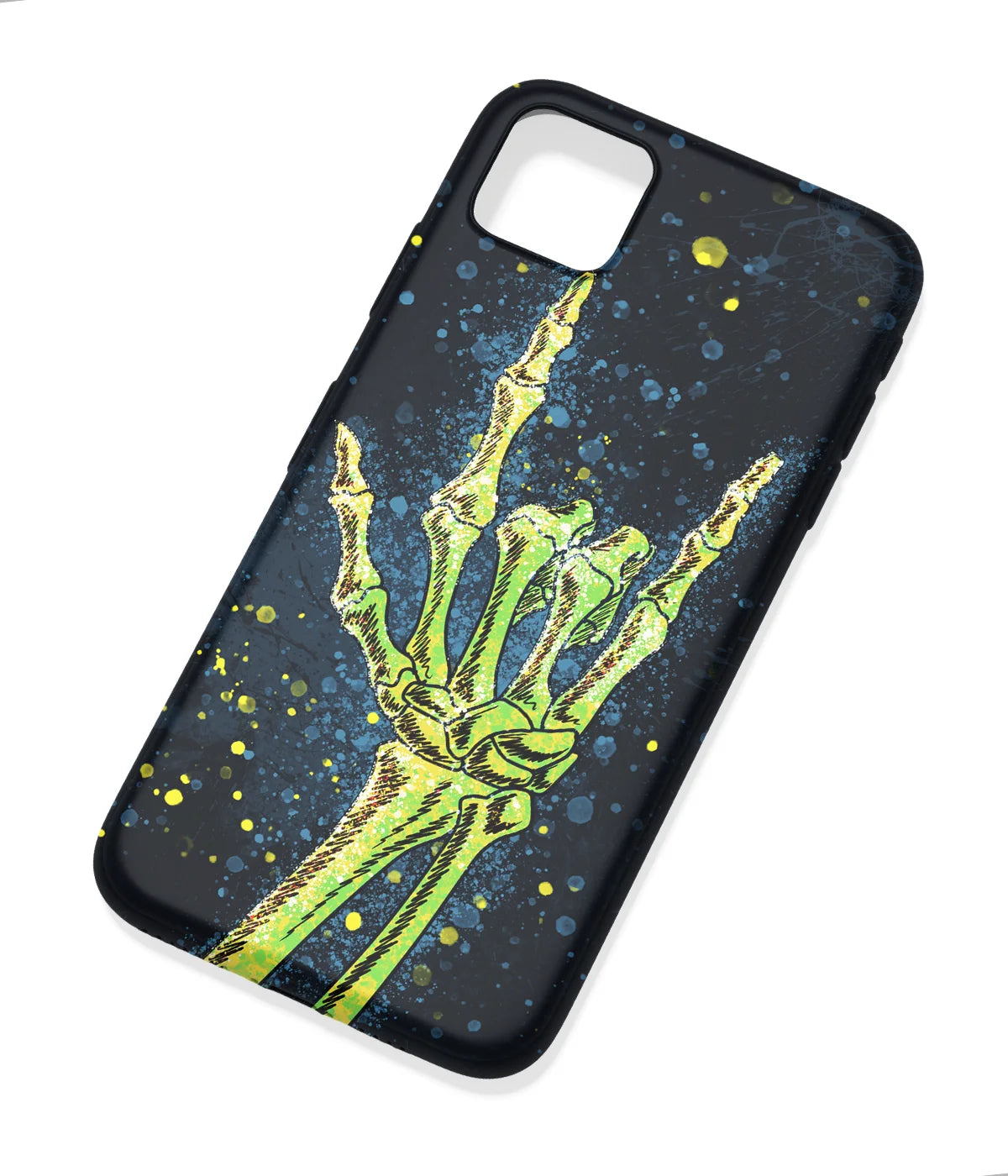 An angled view of a soft silicone case featuring a colorful design.