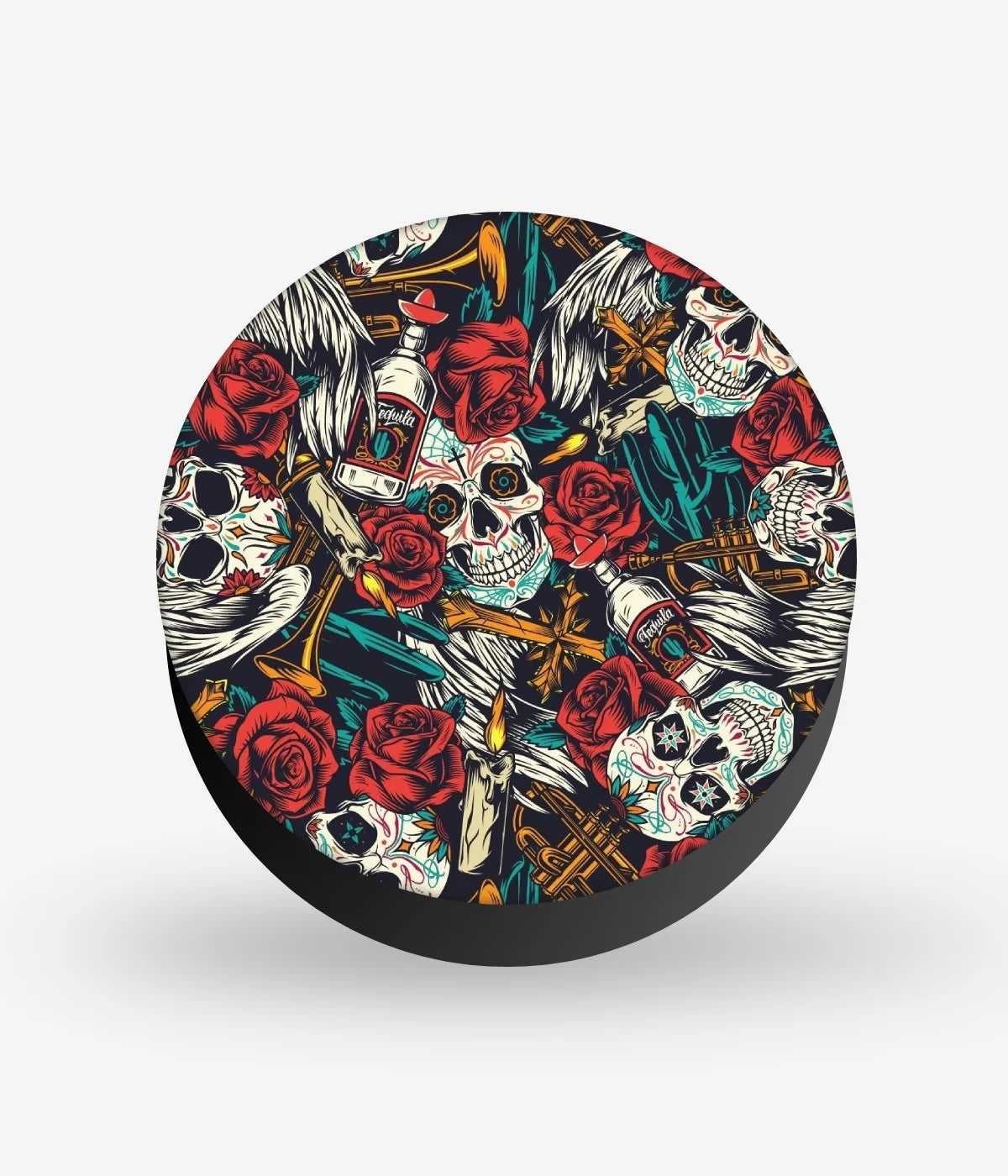 Mobile phone grip with a colorful design on a white background