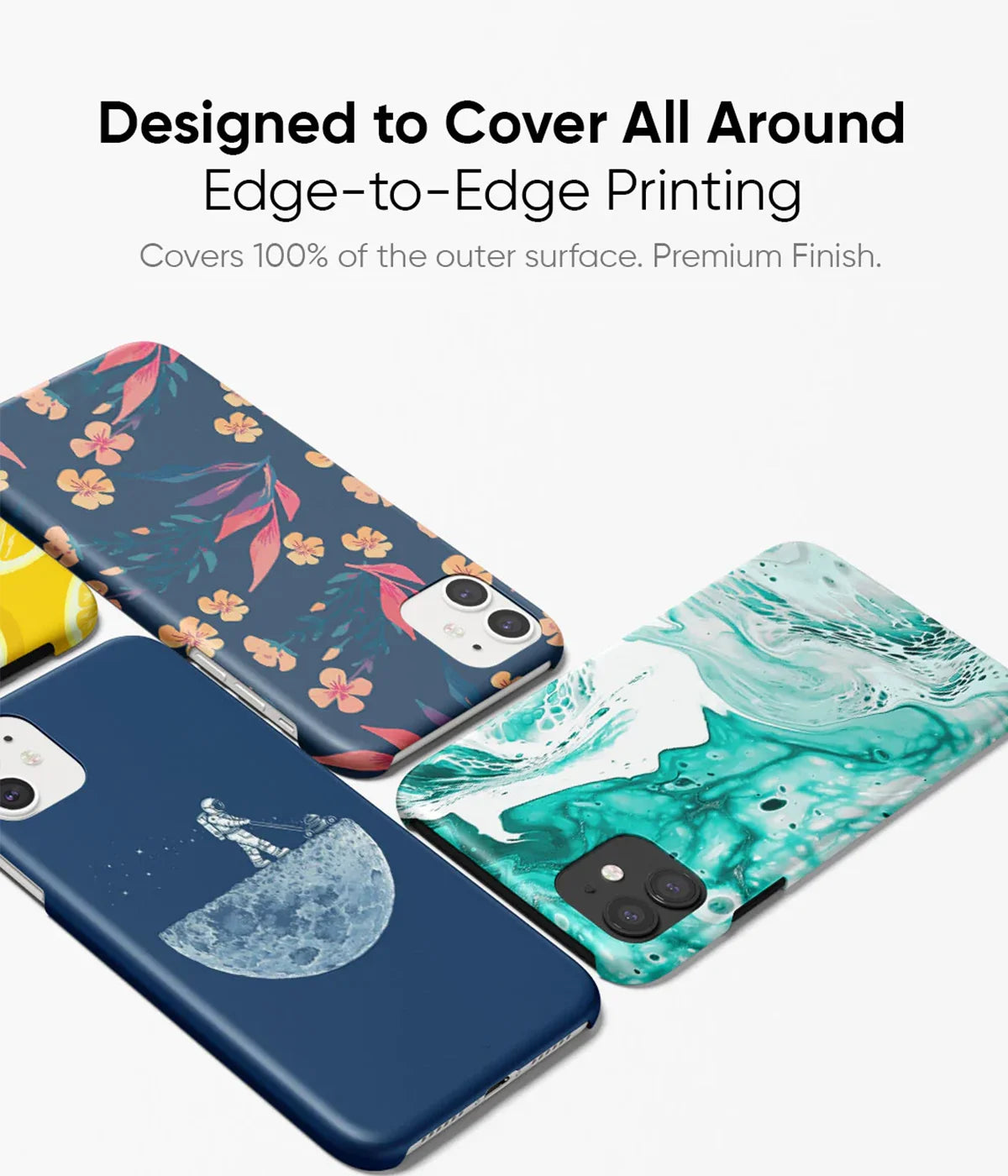 An image showing a multiple slim hard phone cases highlighting its edge to edge all around print.