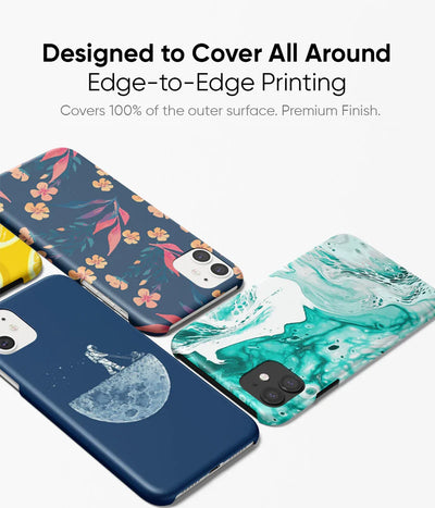 An image showing a multiple slim hard phone cases highlighting its edge to edge all around print.