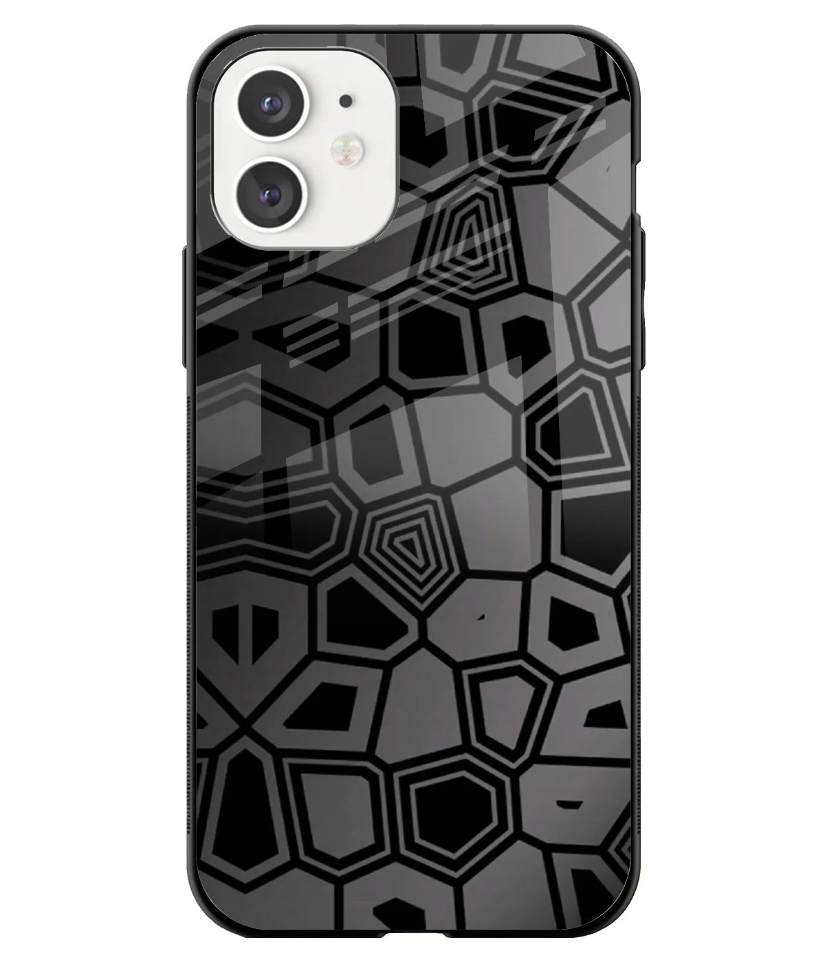 A front-on view of a glass phone case with a colorful design.