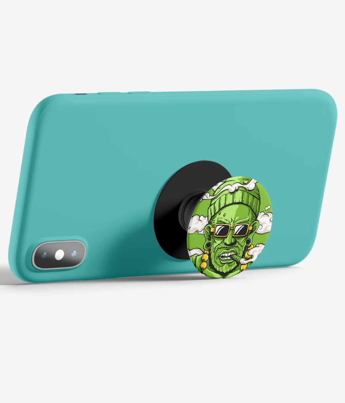 An image demonstrating how to use the phone grip as a stand to hold a mobile phone in landscape mode for hands-free viewing