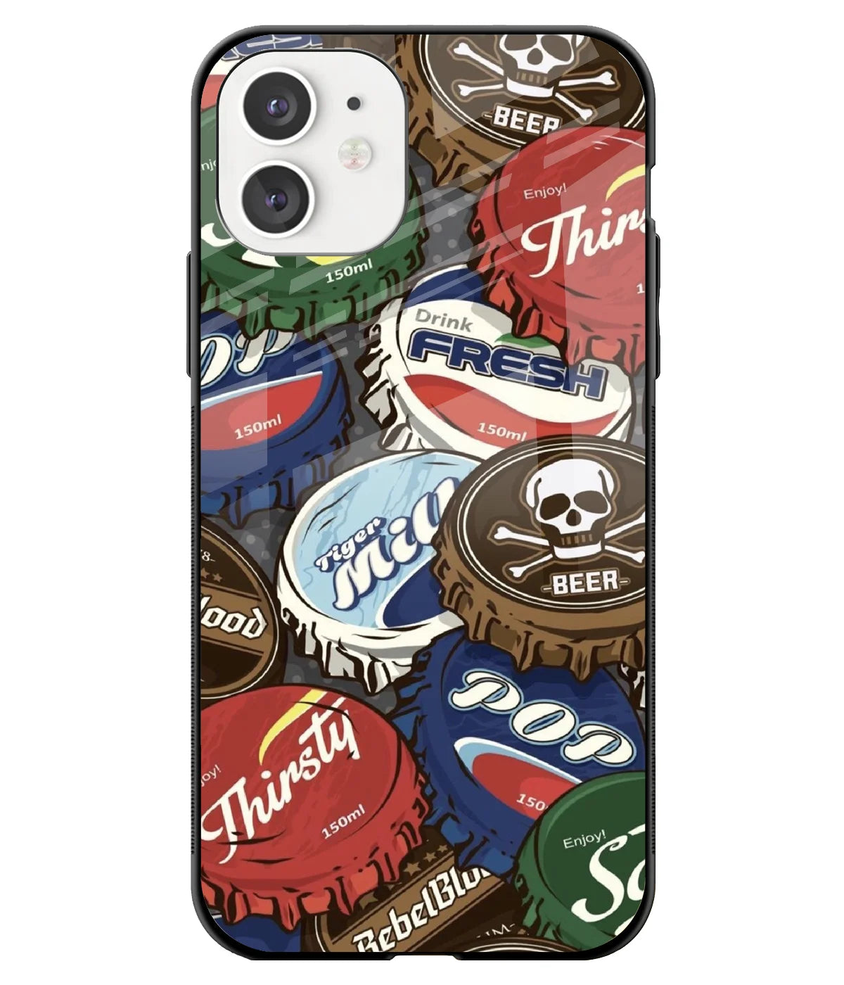 A front-on view of a glass phone case with a colorful design.