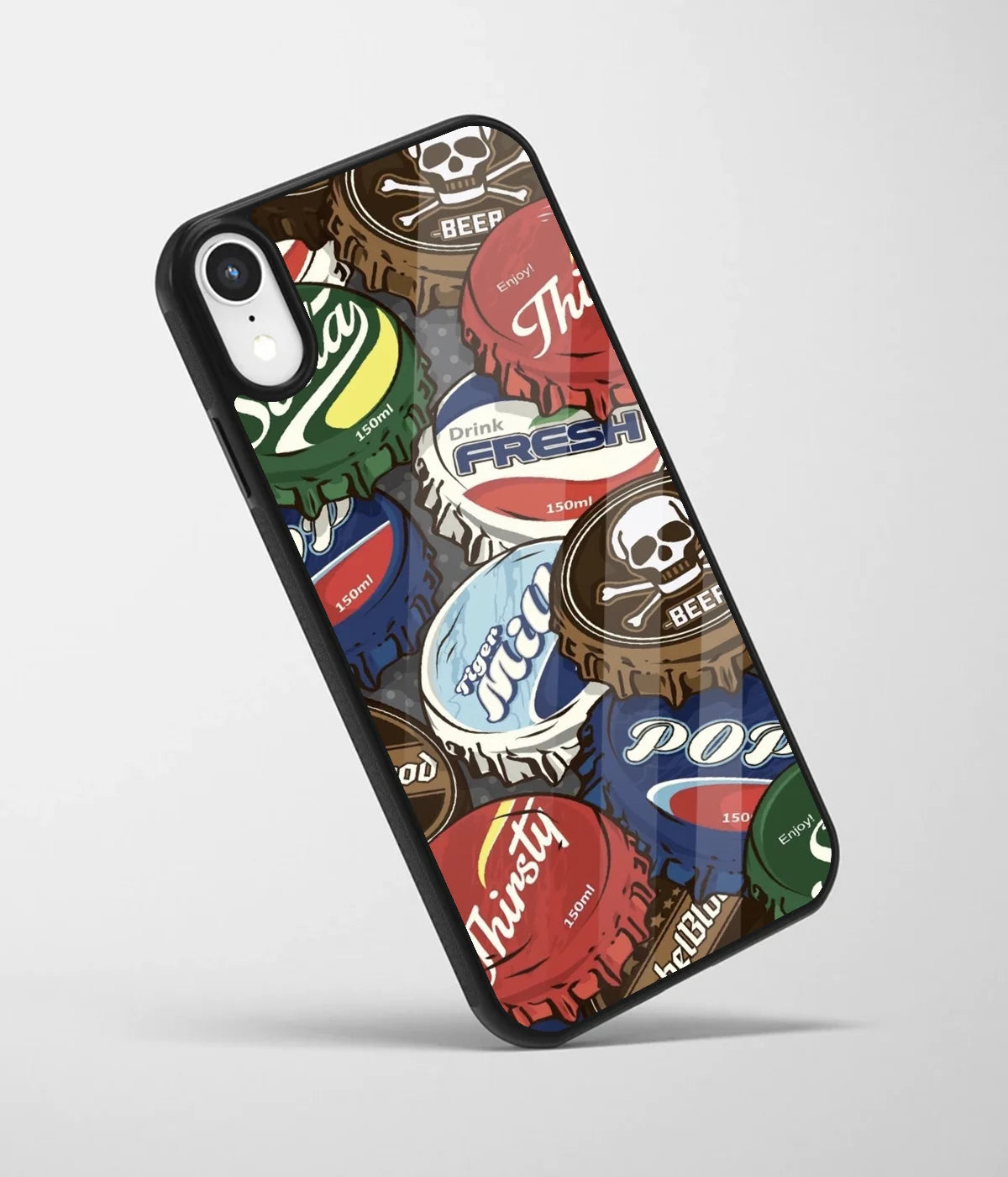 An angled view of a glass phone case featuring a vibrant design.