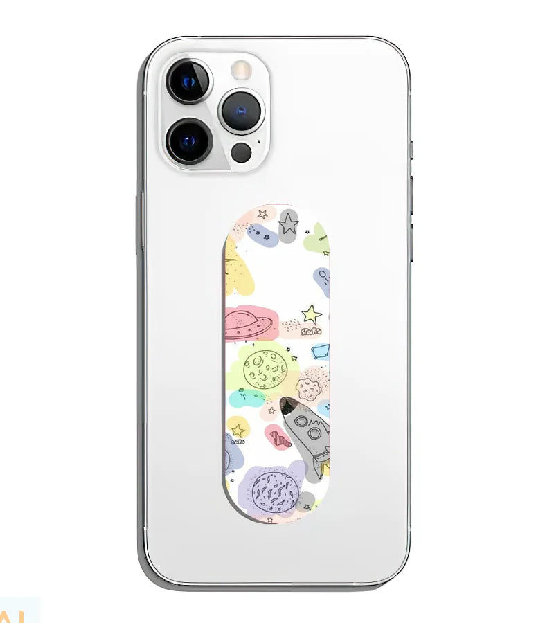 A phone grip slider applied to the back of a smartphone.
