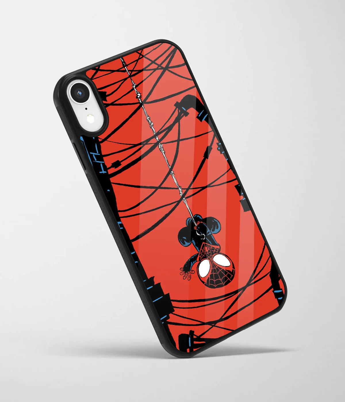 An angled view of a glass phone case featuring a vibrant design.