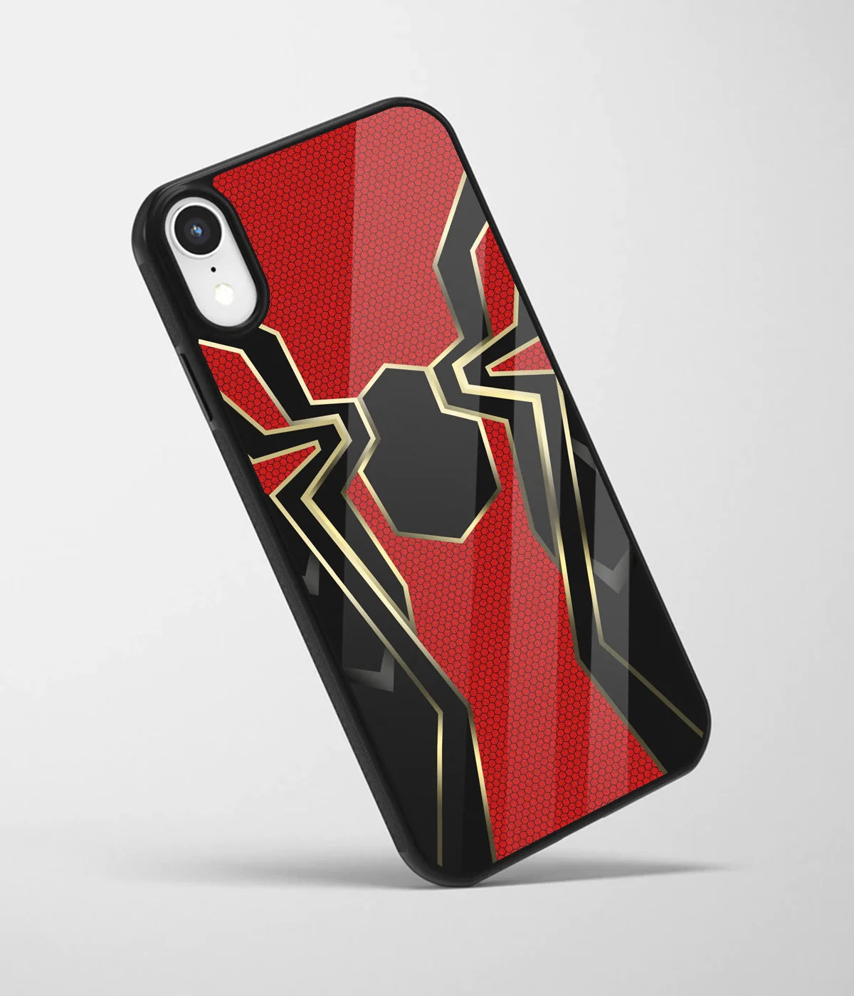 An angled view of a glass phone case featuring a vibrant design.