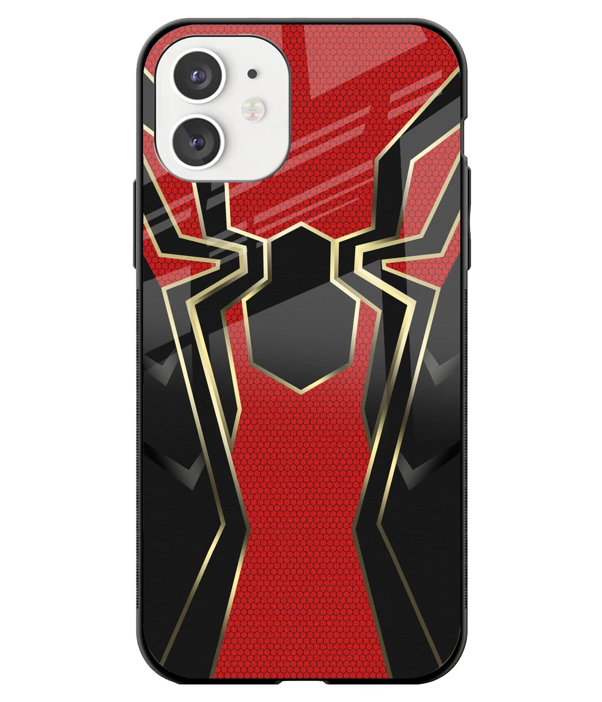 A front-on view of a glass phone case with a colorful design.
