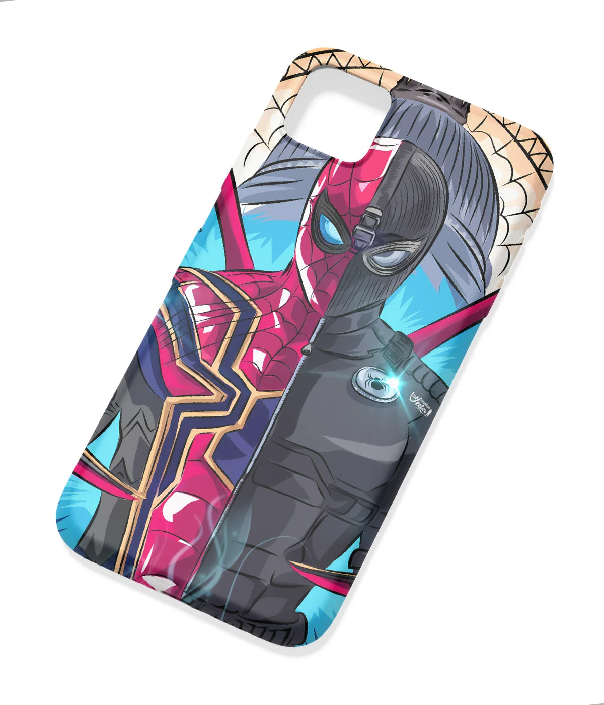 An angled view of a soft silicone case featuring a colorful design.