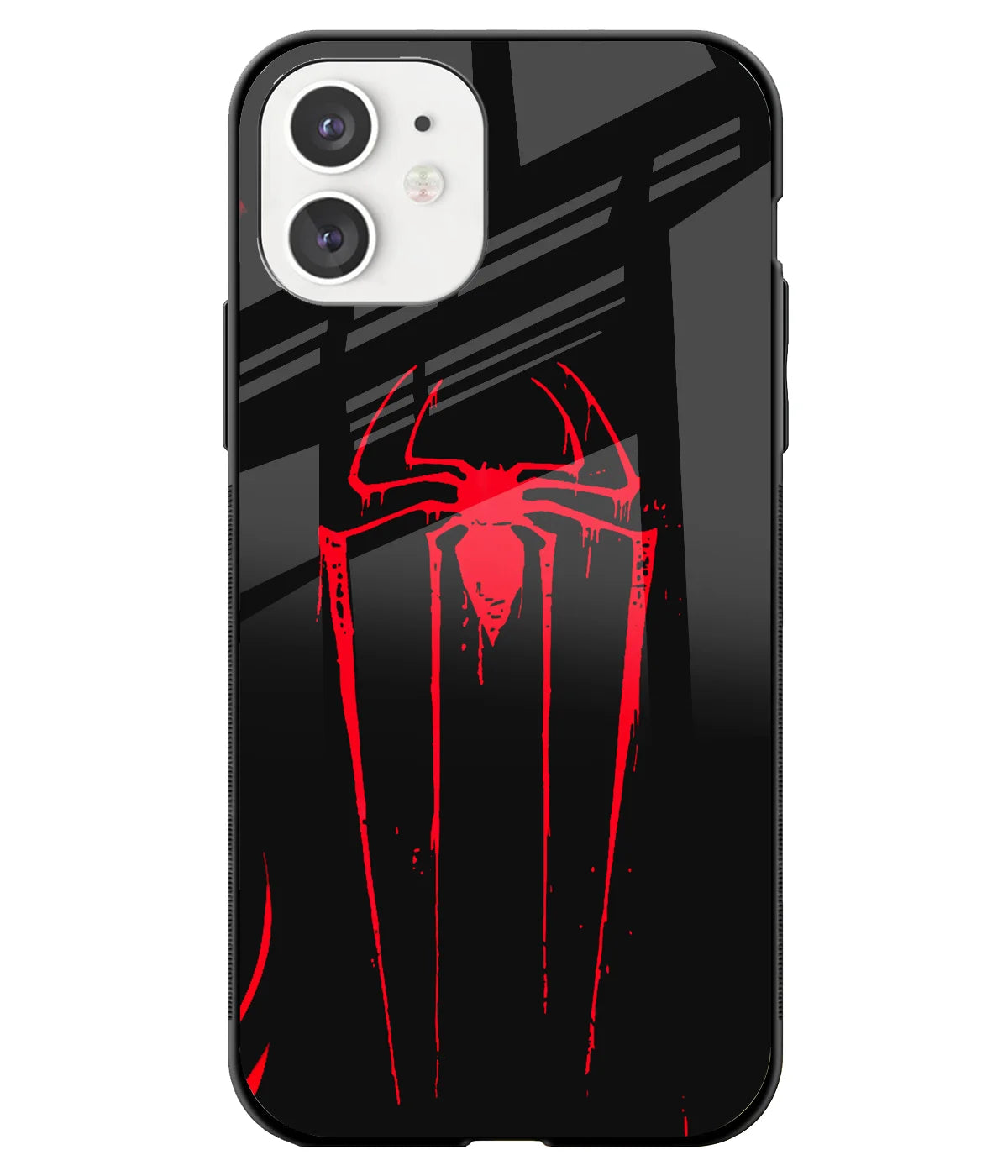 A front-on view of a glass phone case with a colorful design.