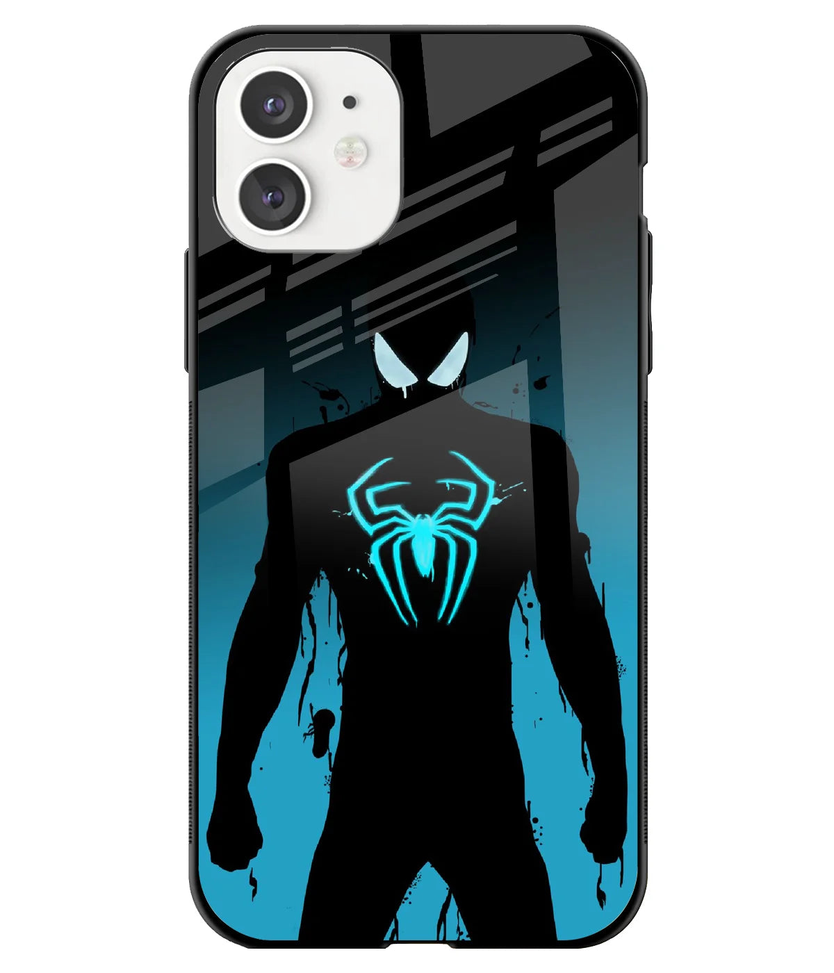 A front-on view of a glass phone case with a colorful design.