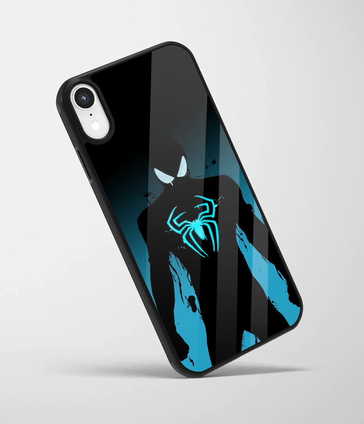 An angled view of a glass phone case featuring a vibrant design.