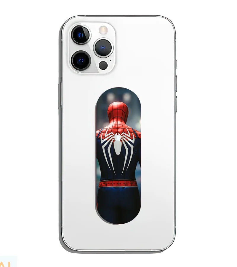 A phone grip slider applied to the back of a smartphone.
