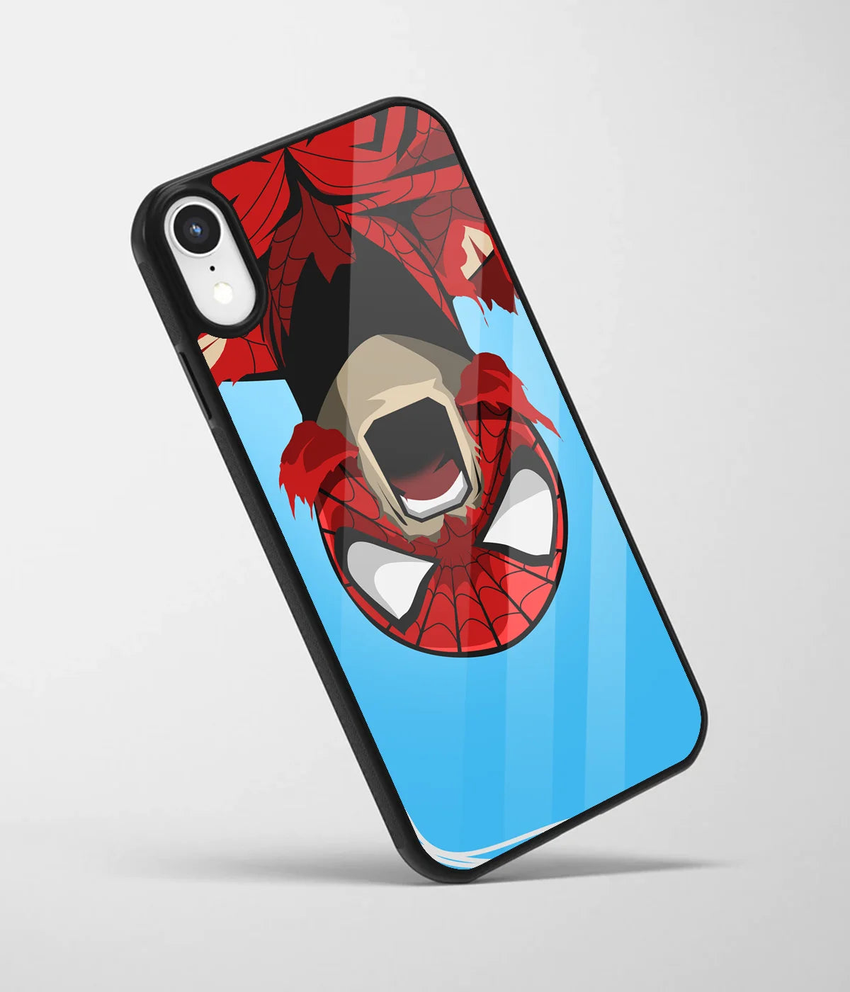 An angled view of a glass phone case featuring a vibrant design.