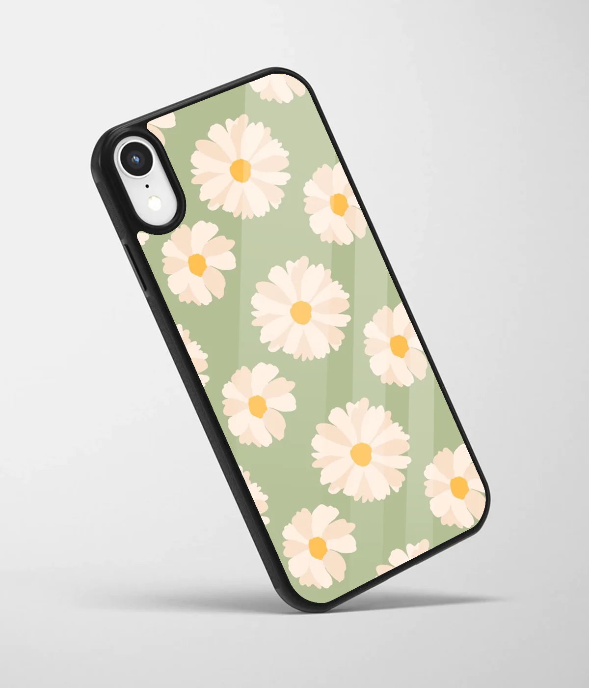 An angled view of a glass phone case featuring a vibrant design.