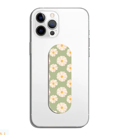 A phone grip slider applied to the back of a smartphone.