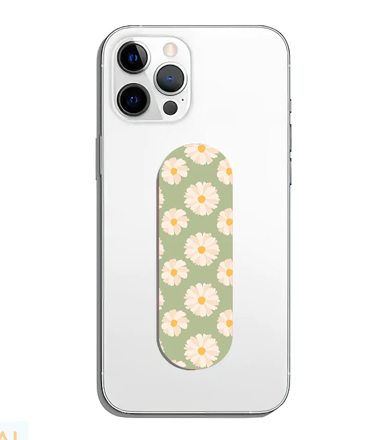 A phone grip slider applied to the back of a smartphone.