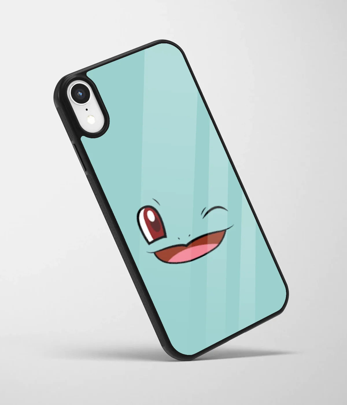 An angled view of a glass phone case featuring a vibrant design.