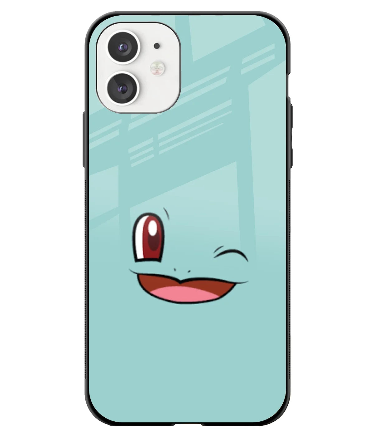 A front-on view of a glass phone case with a colorful design.