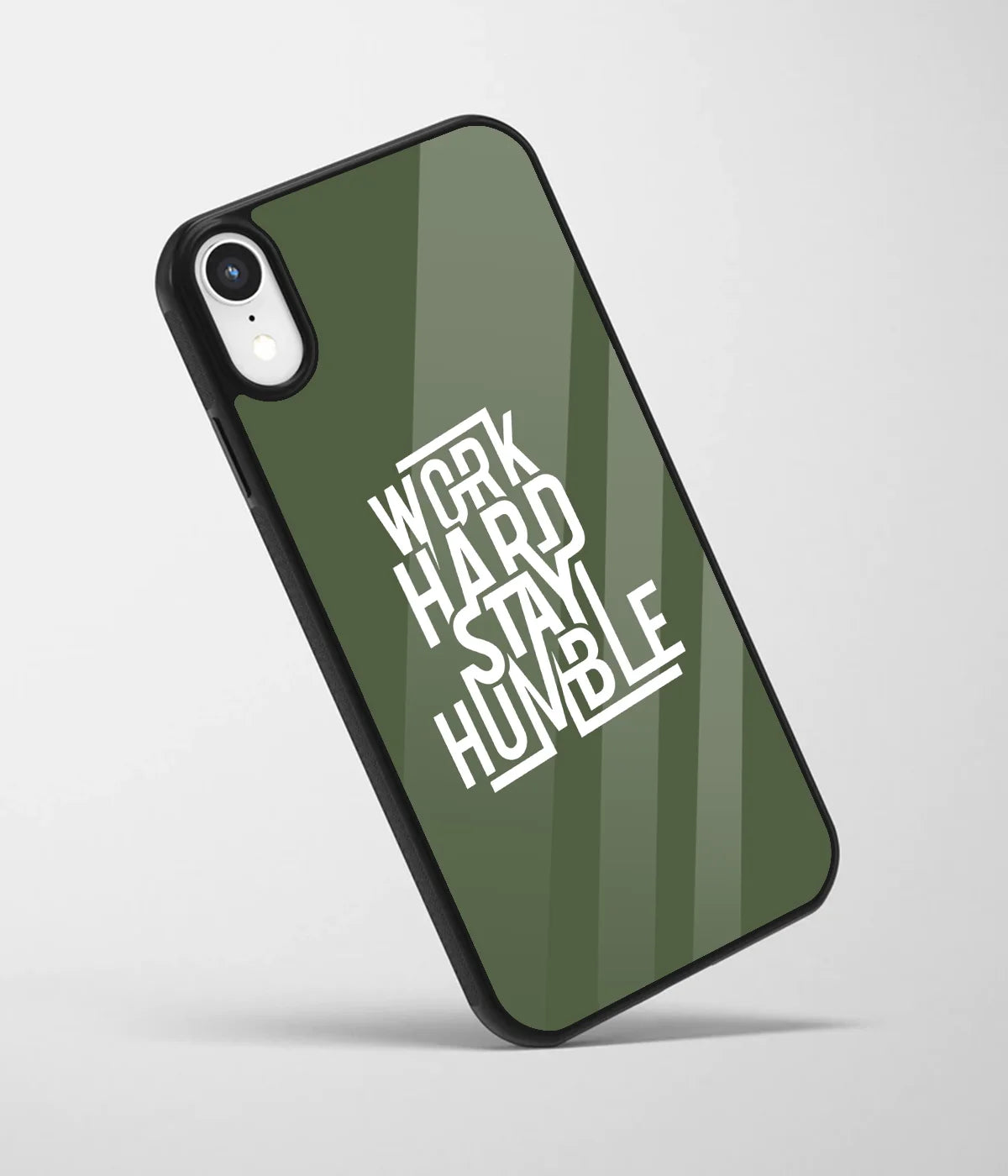 An angled view of a glass phone case featuring a vibrant design.