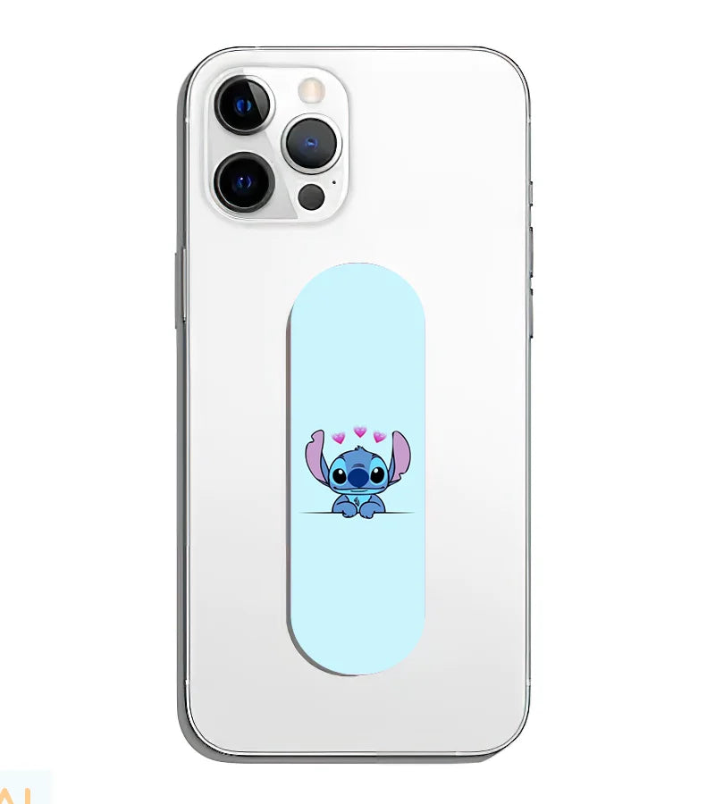 A phone grip slider applied to the back of a smartphone.