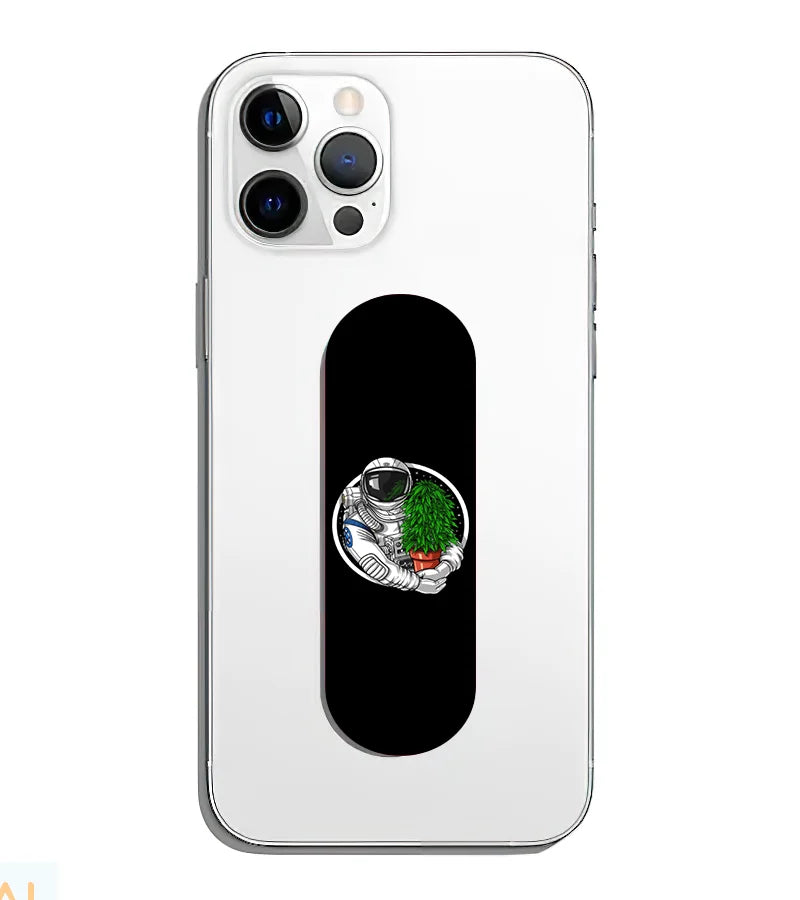 A phone grip slider applied to the back of a smartphone.