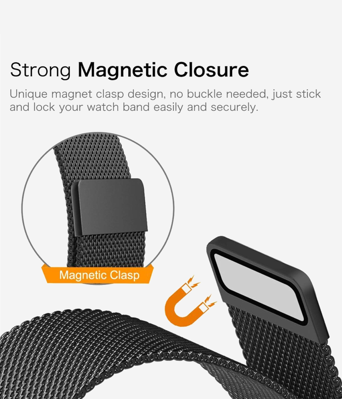 Close-up illustration of the Apple watch strap Milanese Loop's strong magnetic closure system, demonstrating the buckle-free design.