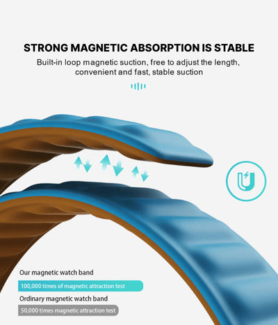 Close-up illustrating the strong magnetic suction of the Apple leather watch strap, emphasizing its stable, adjustable loop design and superior durability.