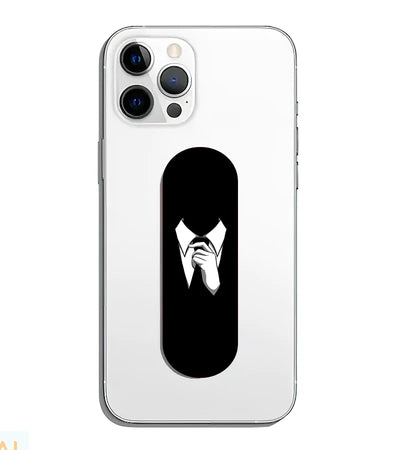 A phone grip slider applied to the back of a smartphone.