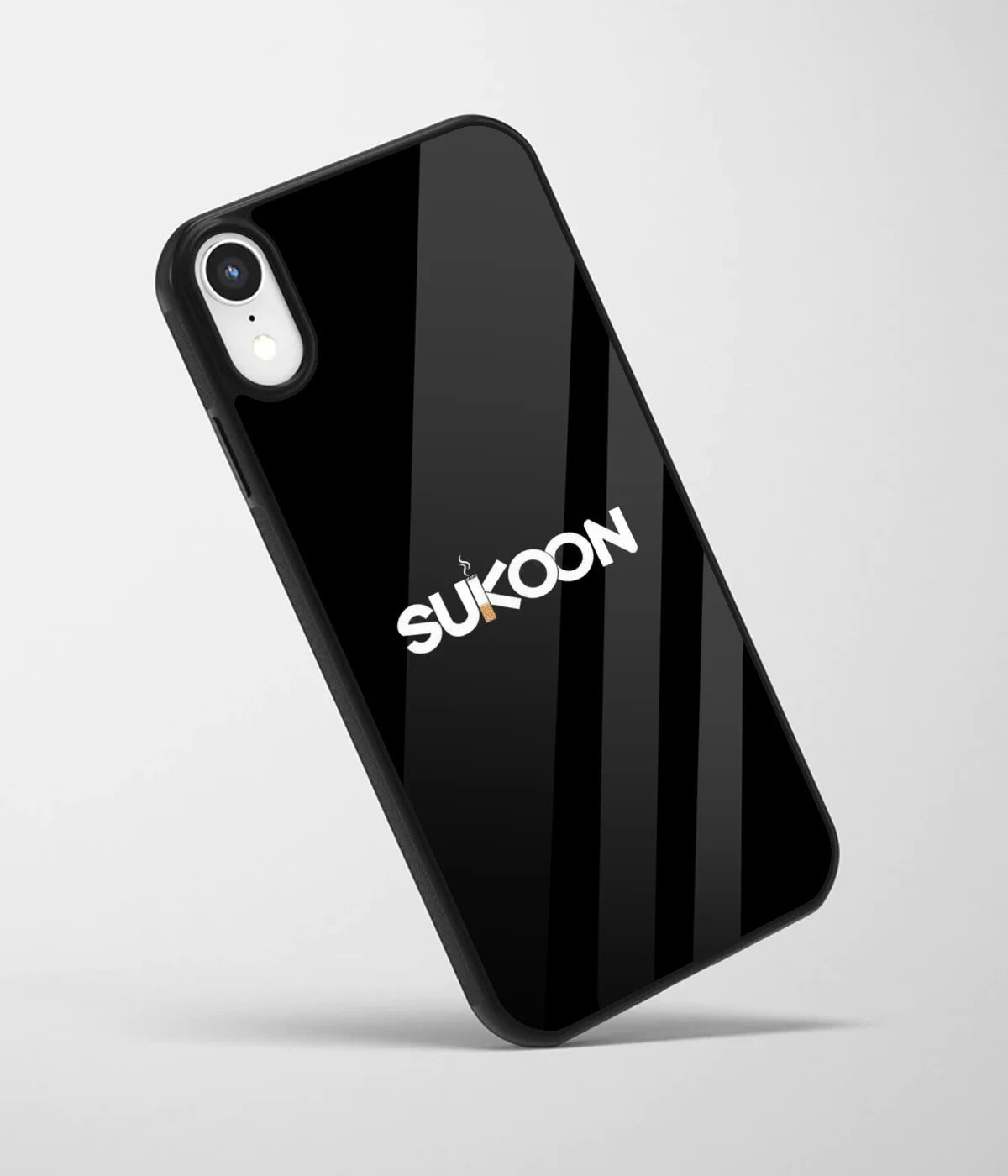 An angled view of a glass phone case featuring a vibrant design.