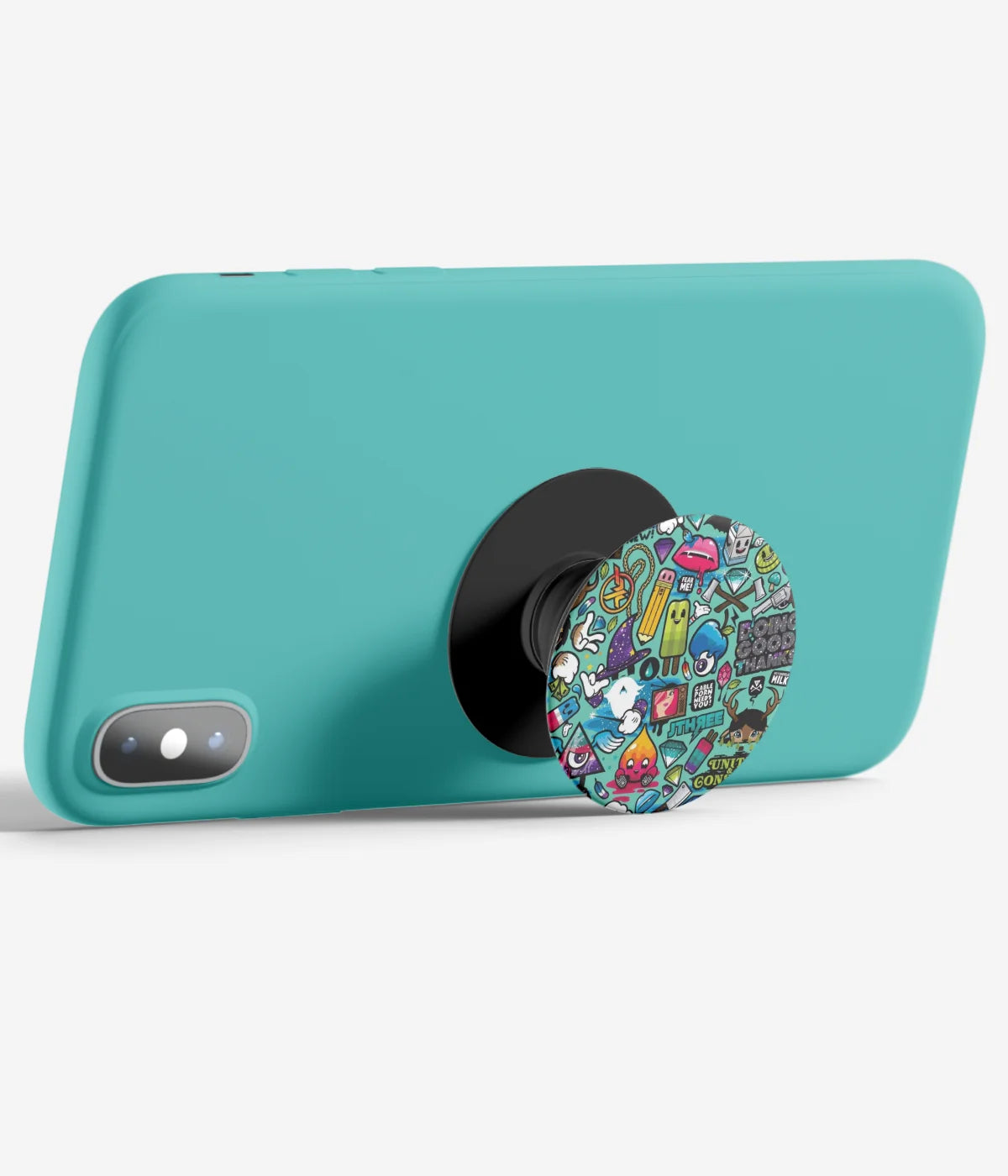 An image demonstrating how to use the phone grip as a stand to hold a mobile phone in landscape mode for hands-free viewing