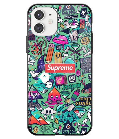 A front-on view of a glass phone case with a colorful design.