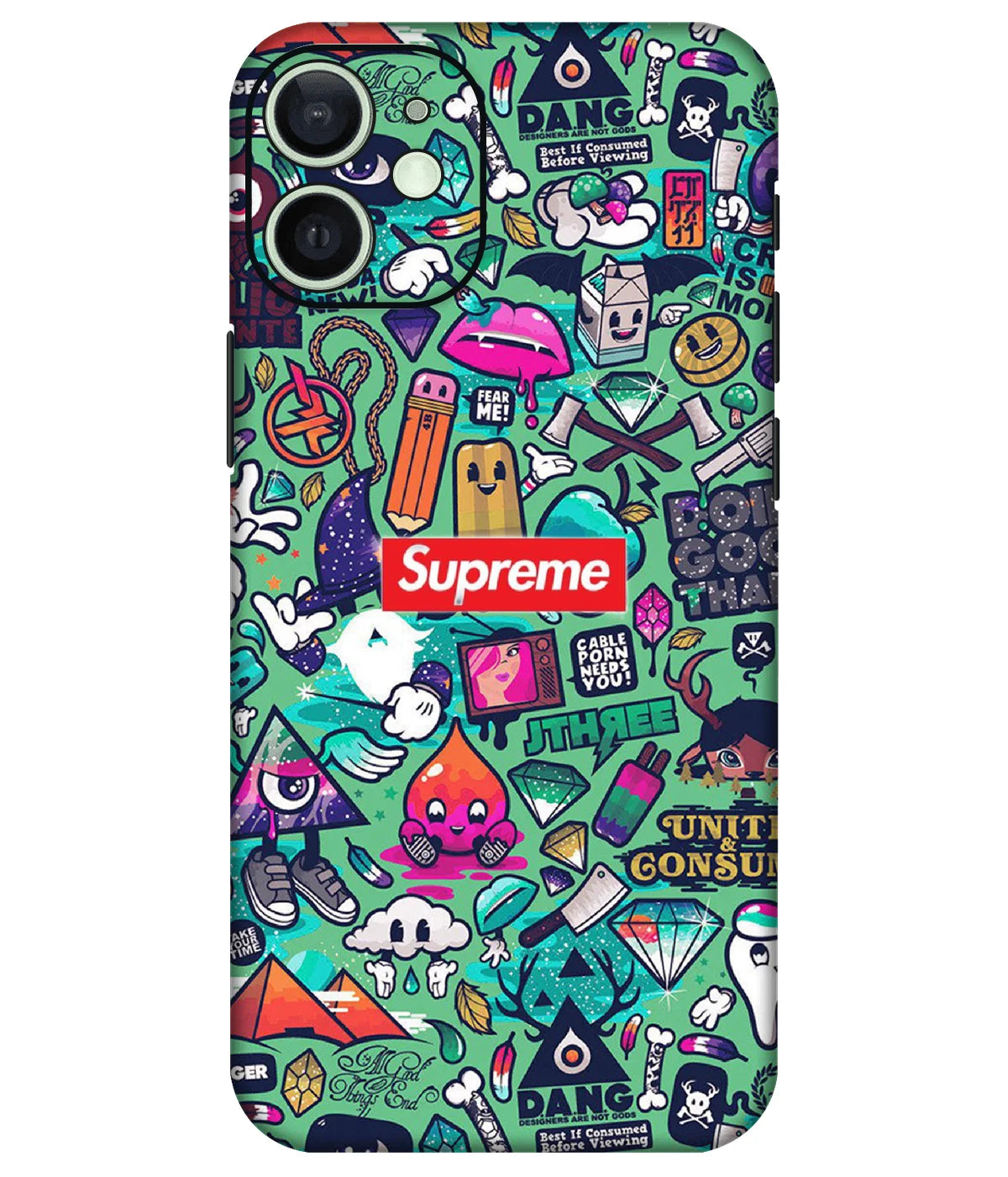 Image of a phone case featuring a mobile skin with a graphic design.