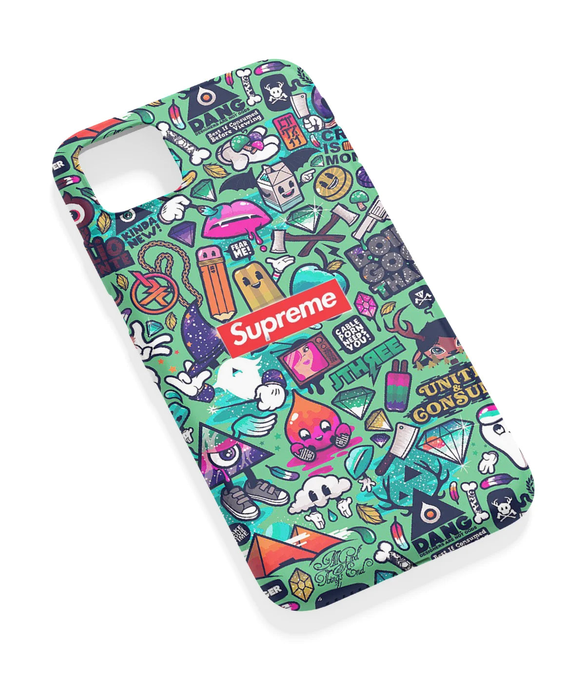 An angled view of a soft silicone case featuring a vibrant design.